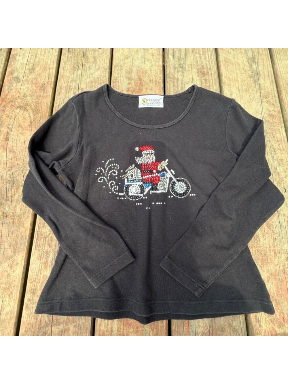 Vintage Christine Alexander Black Long Sleeve Santa Rhinestone Motorcycle Holida